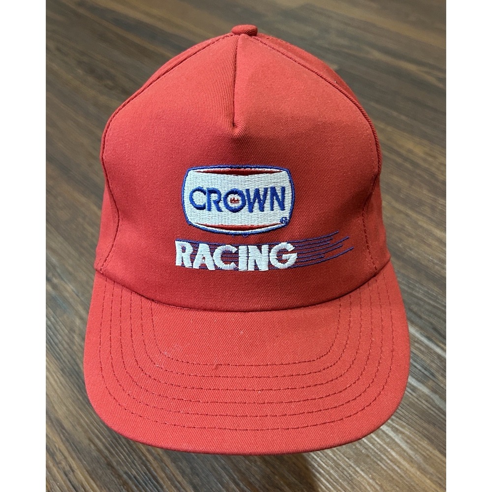 Vintage 1989 Crown Racing Red Cotton Snapback Trucker Cap Hat USA